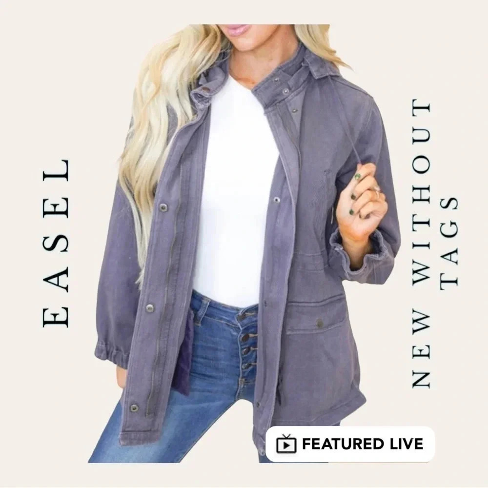 1228. EASEL LONG SLEEVE DENIM JACKET WITH REMOVABLE HOOD/DRAWSTRING SIZE LARGE